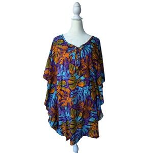 Taravana Size XS Tropical Monstera Kaftan Top Rayon Boho Beach Resortwear Aloha